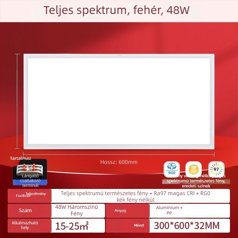LED síkpanel lámpa 600×600, teljes spektrum, alumínium mennyezeti panel lámpa irodának, konyhának és fürdőszobának