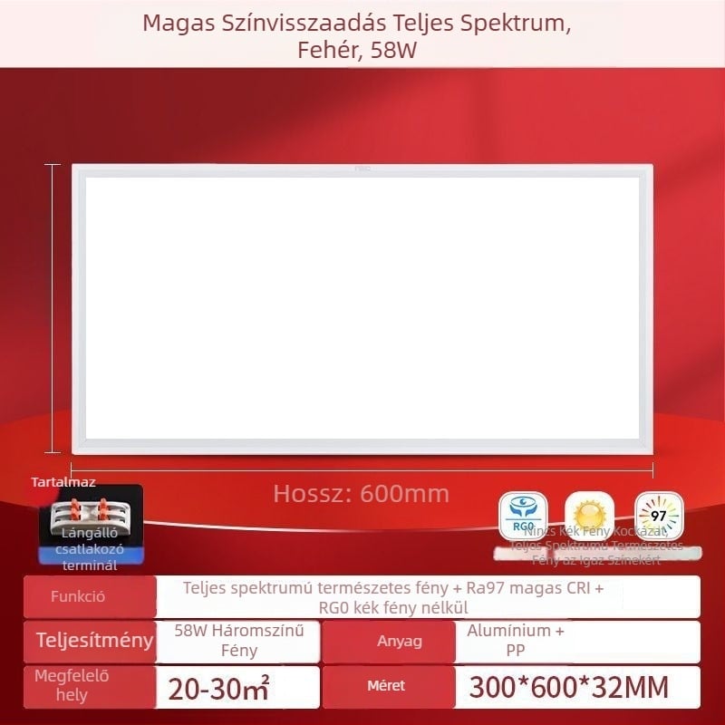 LED síkpanel lámpa 600×600, teljes spektrum, alumínium mennyezeti panel lámpa irodának, konyhának és fürdőszobának