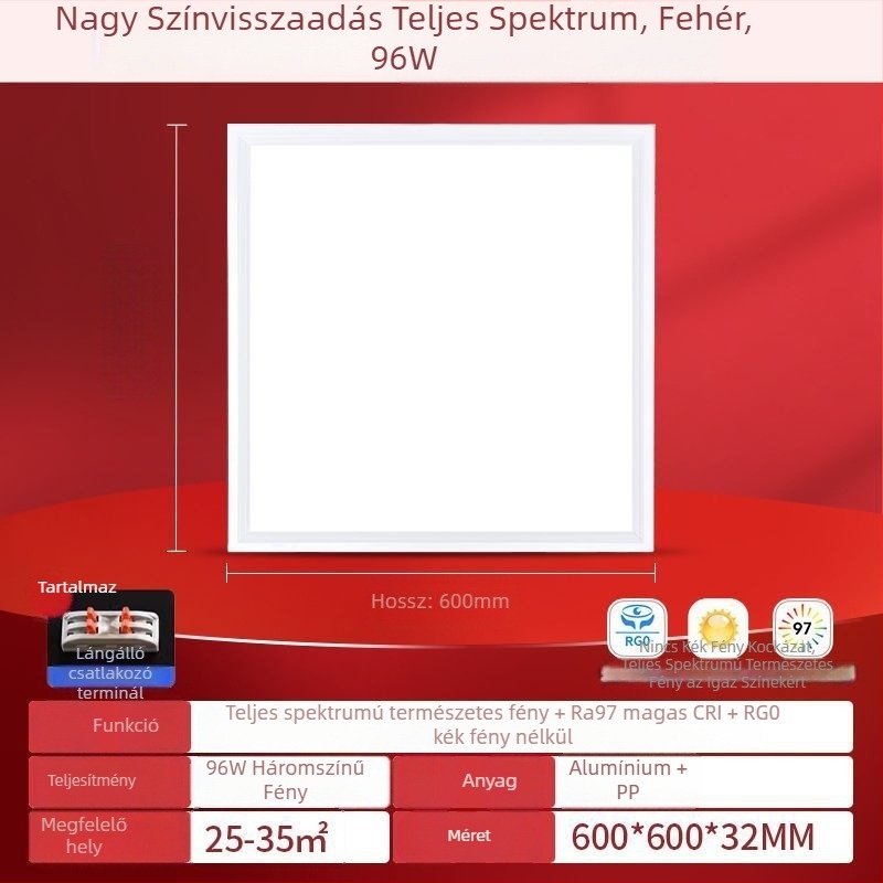 LED síkpanel lámpa 600×600, teljes spektrum, alumínium mennyezeti panel lámpa irodának, konyhának és fürdőszobának