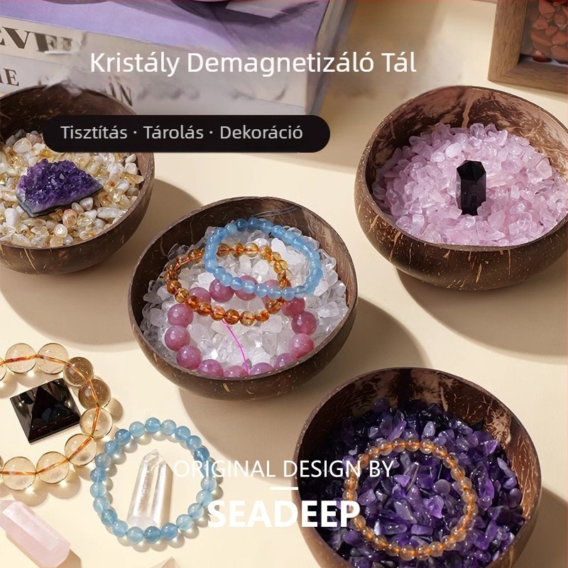Természetes kókuszhéjból készült tál kristáldemagnetizáló tál, fehér kristályos kavics, drágaköves karkötő és demagnetizáló kövek tárolóedénye