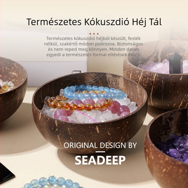 Természetes kókuszhéjból készült tál kristáldemagnetizáló tál, fehér kristályos kavics, drágaköves karkötő és demagnetizáló kövek tárolóedénye