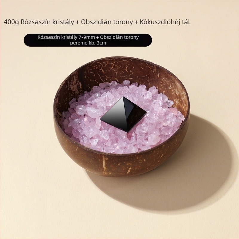 Természetes kókuszhéjból készült tál kristáldemagnetizáló tál, fehér kristályos kavics, drágaköves karkötő és demagnetizáló kövek tárolóedénye