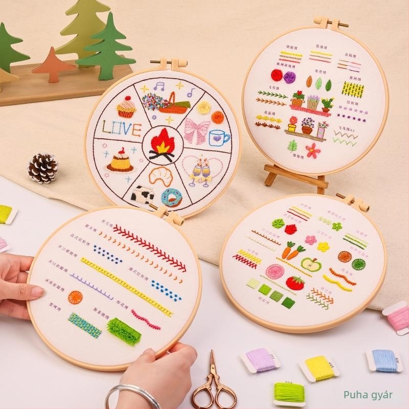 Kézzel készített DIY hímzőanyagok készlet, teljes kezdő készlet hímzőeszközökkel, egyszerű gyakorló készlet