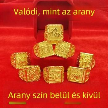 Nyitott retro férfi gyűrű homok arany színben, gazdagságot jelképező sárkány motívummal, aranyozott réz.
