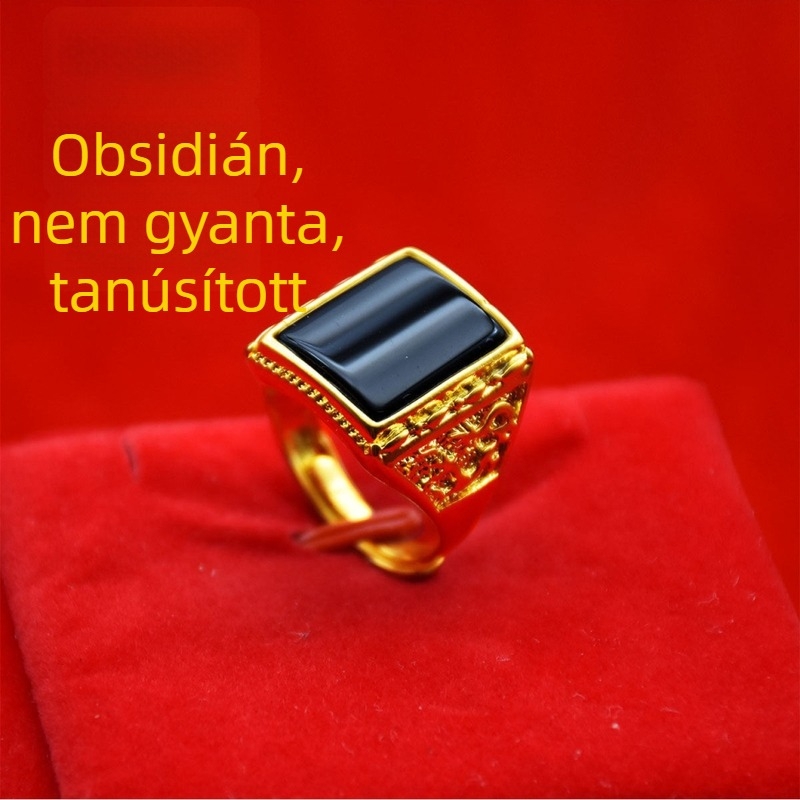 Nyitott retro férfi gyűrű homok arany színben, gazdagságot jelképező sárkány motívummal, aranyozott réz.