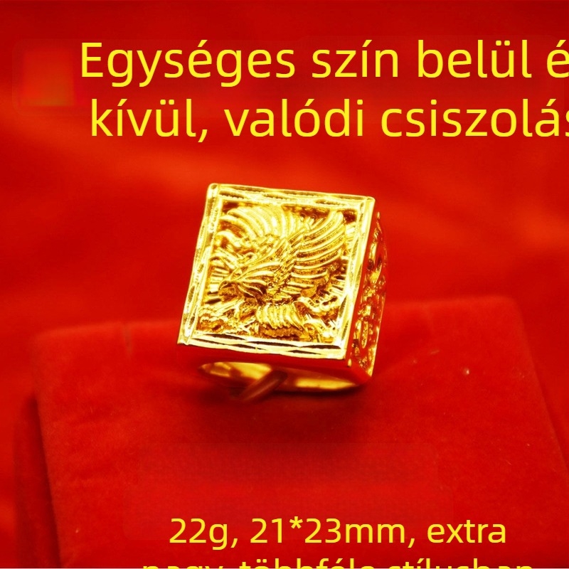 Nyitott retro férfi gyűrű homok arany színben, gazdagságot jelképező sárkány motívummal, aranyozott réz.