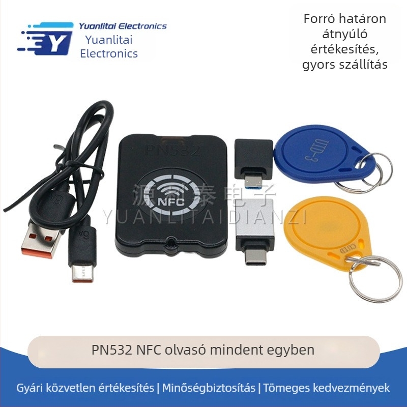 Integrált PN532 NFC olvasó/író modul IC titkosításának feltöréséhez, hozzáférés-ellenőrzés, liftkártya írása, karkötő és mobilalkalmazás.