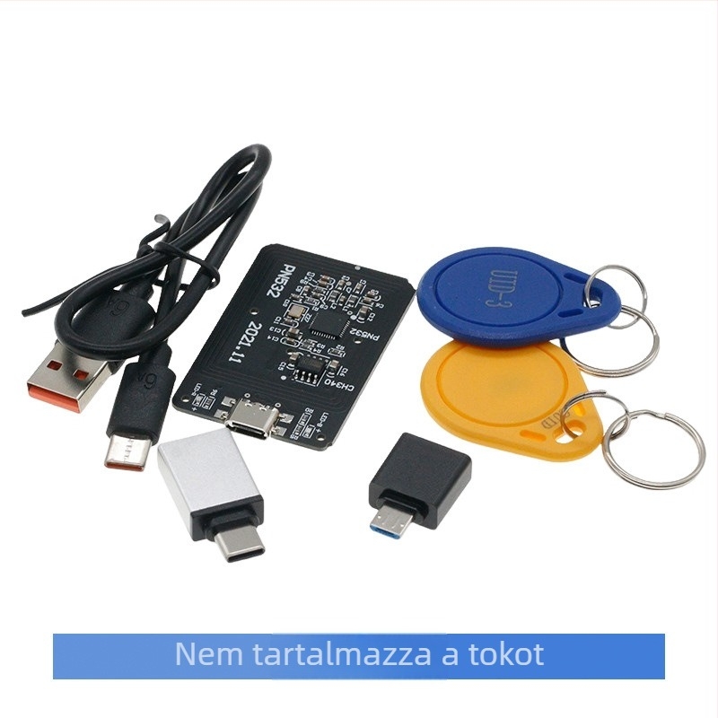 Integrált PN532 NFC olvasó/író modul IC titkosításának feltöréséhez, hozzáférés-ellenőrzés, liftkártya írása, karkötő és mobilalkalmazás.