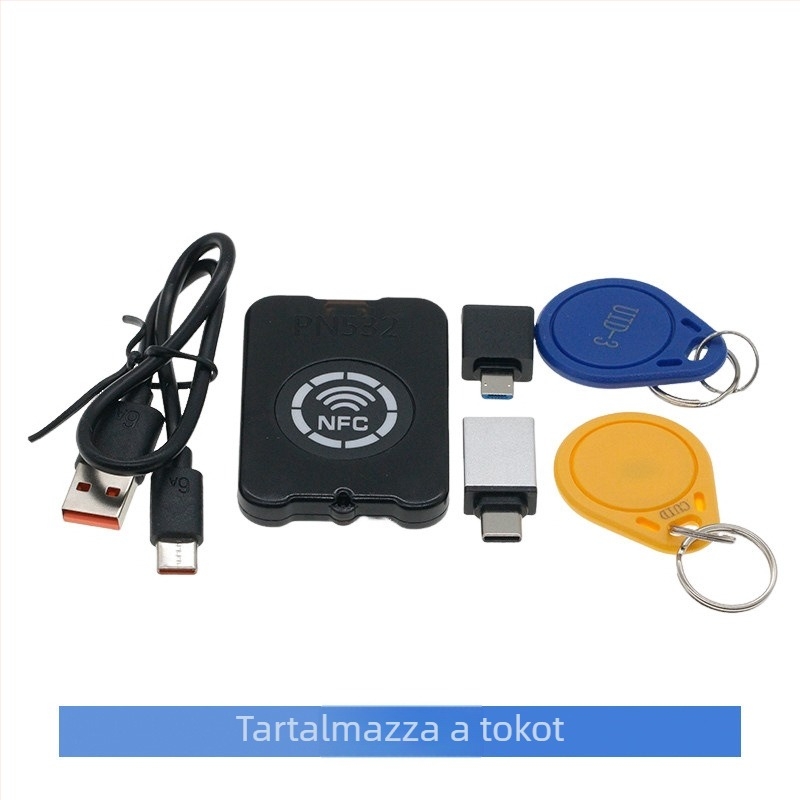 Integrált PN532 NFC olvasó/író modul IC titkosításának feltöréséhez, hozzáférés-ellenőrzés, liftkártya írása, karkötő és mobilalkalmazás.