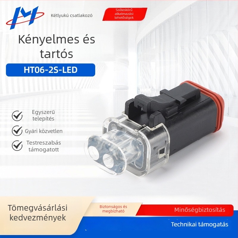 HT06-2S-LED autóipari vízálló csatlakozó, 2 pólus, férfi és női