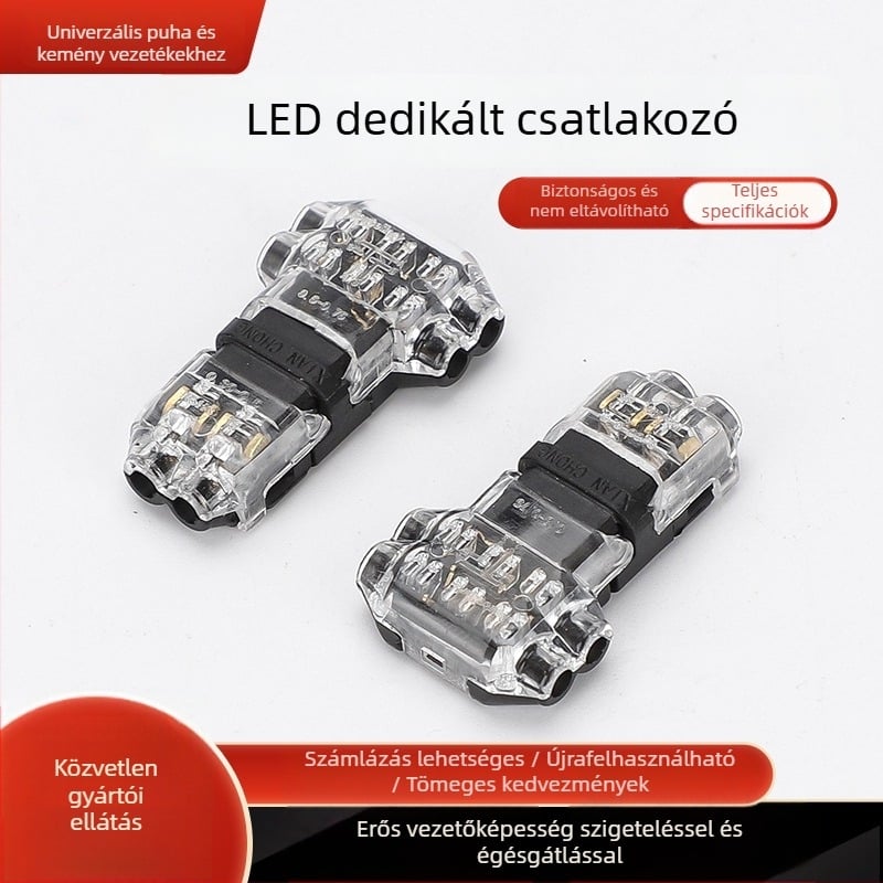 T2 LED kábelcsatlakozó, 2 bemenet/2 kimenet, T-típusú gyorscsatlakozó