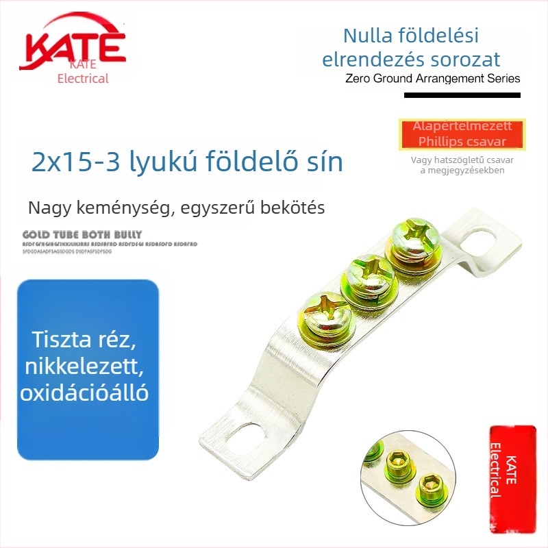 3-lyukas földelő sín, 2x15, 86 mm, sárgaréz kivitel KT054