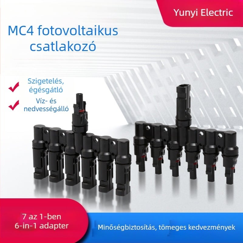 MC4 napelemes csatlakozó, T-típusú, hét-utas, egy-től hatig, férfi és női csatlakozó a napelemes panelhez, vízálló és stabil