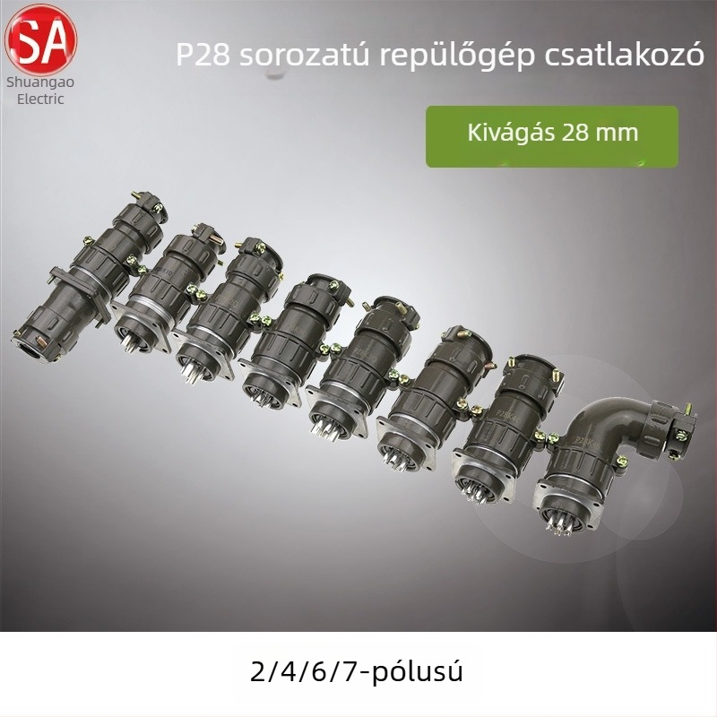 P28 körkörös repülőgép-csatlakozó – hajlított típusú összekötő, 2-pólusú, 4-pólusú, 6-pólusú vagy 7-pólusú tápegység dugó és aljzat