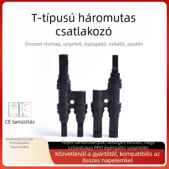 MC4 fotovoltaikus csatlakozó napelemekhez, T-típusú osztó, 2–1 párhuzamos adapter, 3-utas csatlakozó