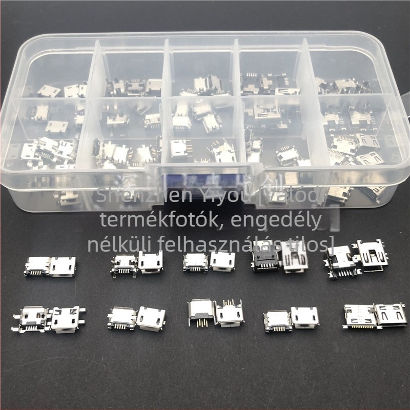 10 modell Micro USB női csatlakozó, 100 darab, különböző specifikációk, Android töltéshez, dobozban