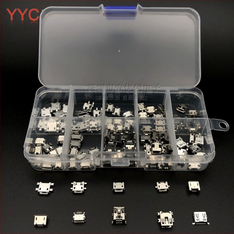 Micro USB női csatlakozó dobozban; MINI Android töltő végződés; mikrofon; DIY USB V8 kiegészítők