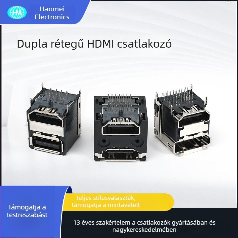 Személyre szabott D-Sub csatlakozó, kétszintű laminált USB+HDMI, DP 90° csatlakozó PC-hez