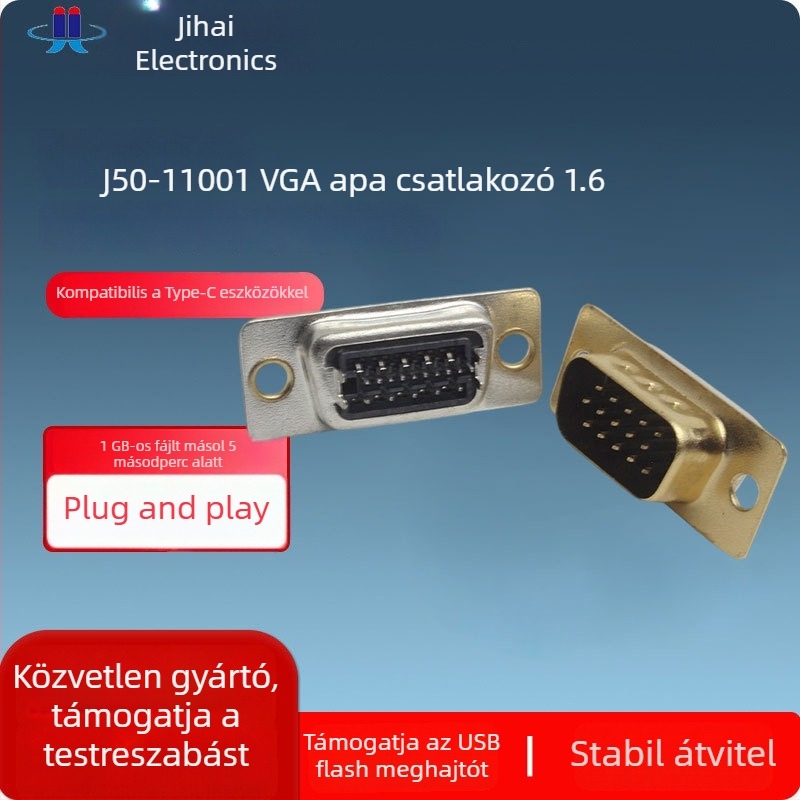 VGA 15-pines férfi D-Sub csatlakozó rögzítőlemezzel, 1,6 mm-es lépés