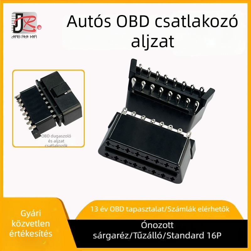 OBD2 női csatlakozó, forrasztó típusú autódiagnosztikához, réz tűkkel, ónnal bevont, tűzálló