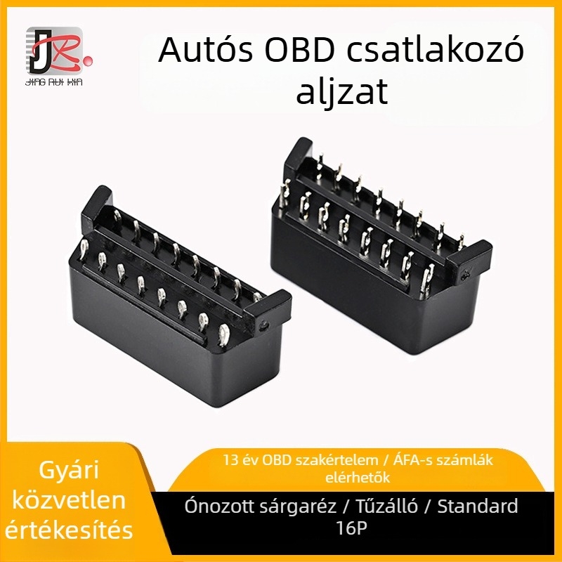 OBD2 női csatlakozó, forrasztó típusú autódiagnosztikához, réz tűkkel, ónnal bevont, tűzálló