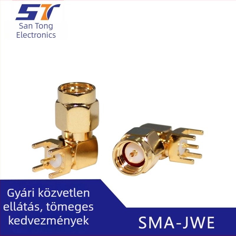 SMA-JWE RF koaxiális csatlakozó, hajlított férfi csatlakozó, belső csavar és belső érintkező, PCB-re szerelhető, 4 érintkező