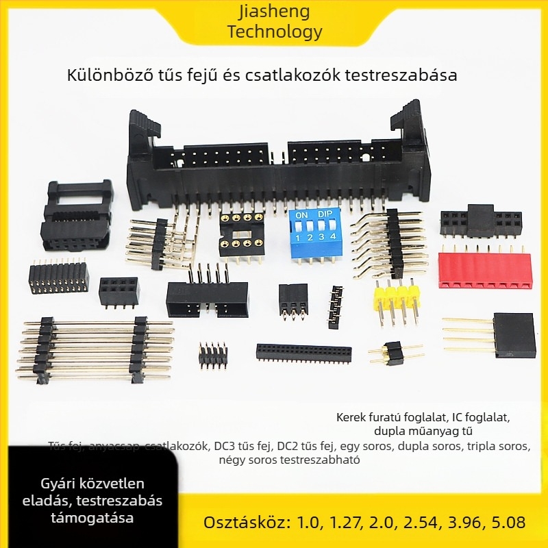 Pin fej- és női fej csatlakozók – szalag- és orsócsomagolás, lépésköz 1.0, 1.27, 2.0, 2.54, 3.96, 5.08 mm, egyenes és hajlított tüskék