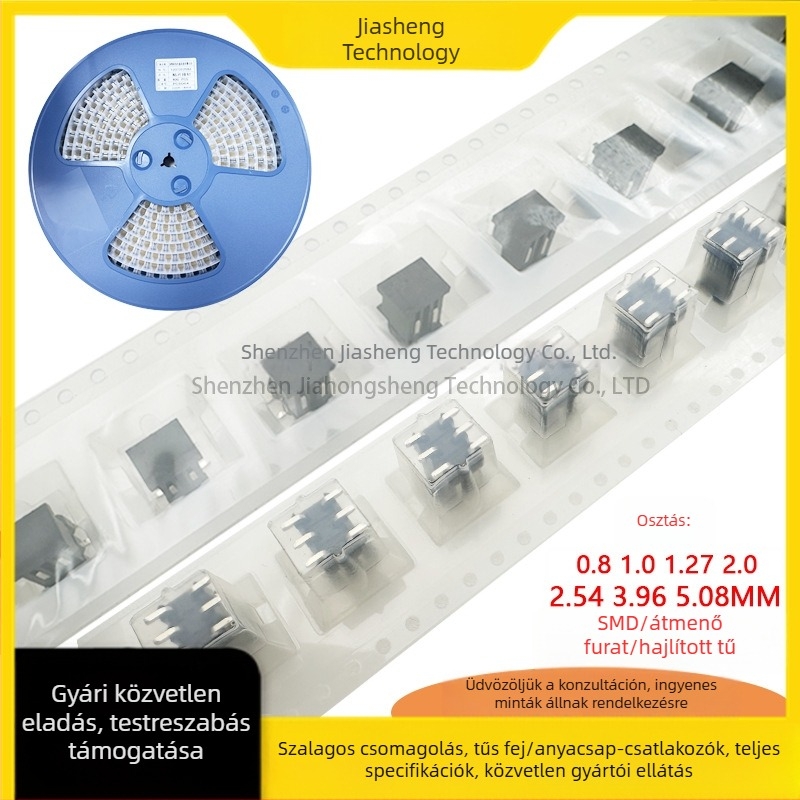 Pin fej- és női fej csatlakozók – szalag- és orsócsomagolás, lépésköz 1.0, 1.27, 2.0, 2.54, 3.96, 5.08 mm, egyenes és hajlított tüskék