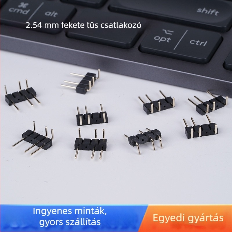 Fekete aranyozott 2,54 mm-es, 4-pins fejcsatlakozó LED-szalaghoz, 90°-ban hajlított tűk, férfi és női csatlakozók