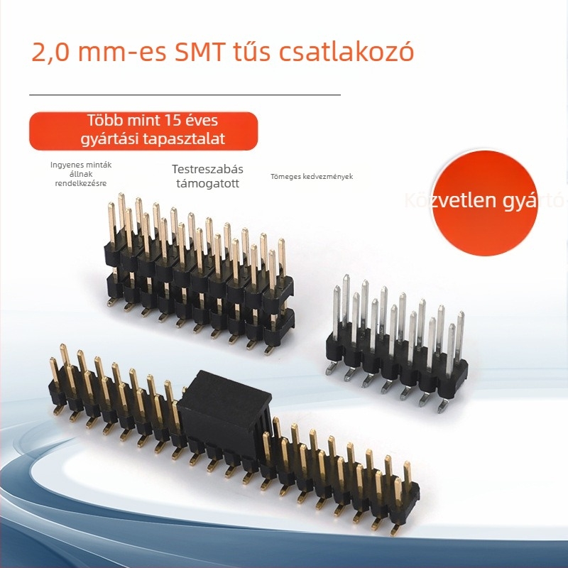 2,0 mm középtávolságú PIN-fej, egyrészes vagy kétsoros, SMT fej, választható dupla műanyag házzal és rögzítő sapkával