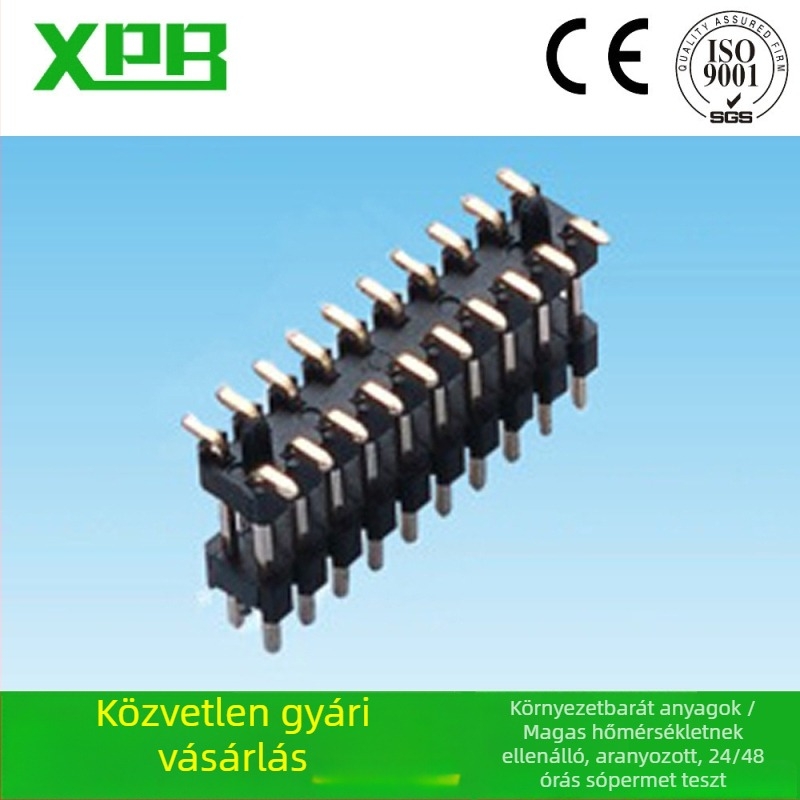 XPB 210S-2.54-XP 2,54 mm-es pitch, két soros pin fej, 90°, aranyozott és ónos bevonat, szigetelő LBT/PBT