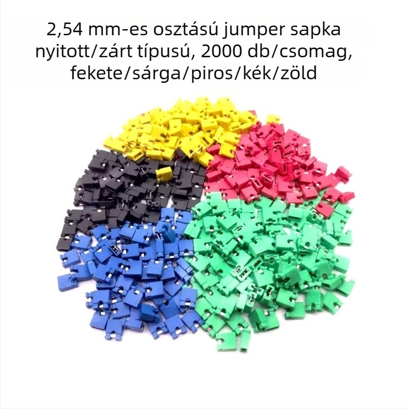 2,54 mm-es léptékű jumper sapka, rövidzár blokk, tűsoros csatlakozó, nyitott/zárt típus, színek: fekete, sárga, kék, piros, zöld