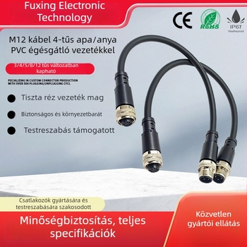 M12-es vízálló csatlakozó, 4 pólusú, férfi és női, PVC lángálló kábel, injektált kivitel