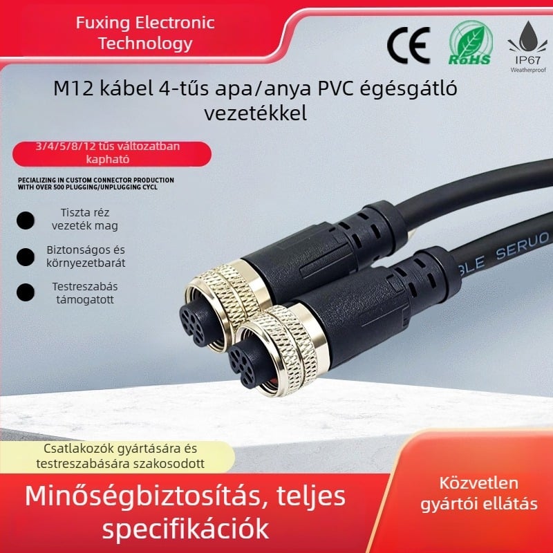 M12-es vízálló csatlakozó, 4 pólusú, férfi és női, PVC lángálló kábel, injektált kivitel