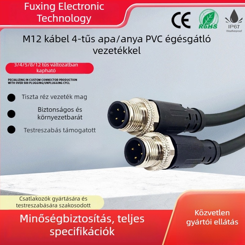 M12-es vízálló csatlakozó, 4 pólusú, férfi és női, PVC lángálló kábel, injektált kivitel