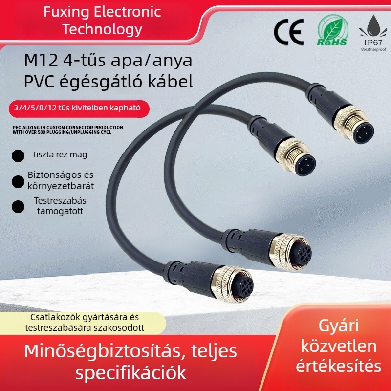 M12-es vízálló csatlakozó, 4 pólusú, férfi és női, PVC lángálló kábel, injektált kivitel