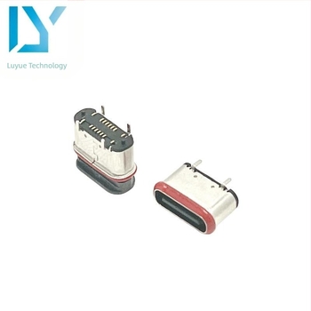 Type-C 16–pin vízálló női csatlakozó, 16P függőleges USB, támasztó résszel és piros gumírozott gyűrűvel, magasság 5,75 mm