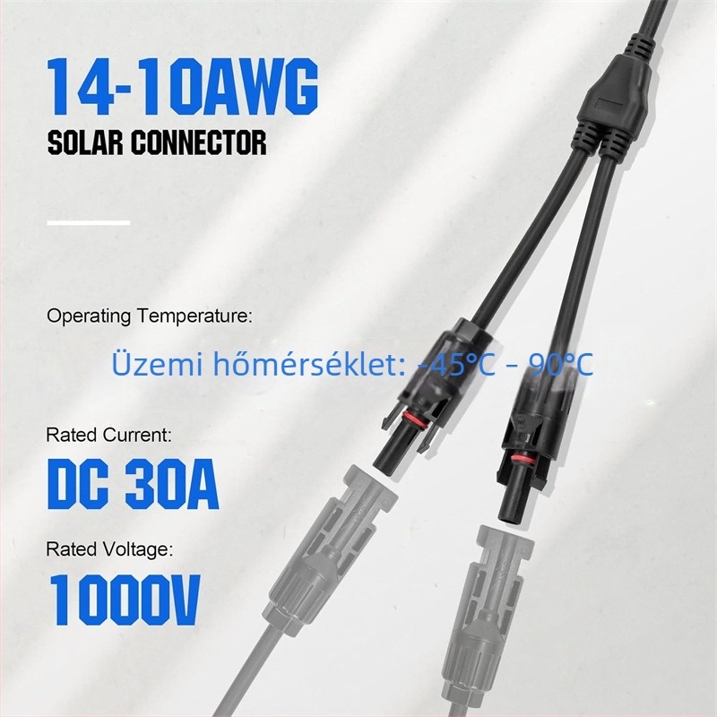 Y-típusú MC4 napelemes fotovolt csatlakozó, 1000V, 30A, 4-vezetékes sík PV-kábel adapter napelemekhez
