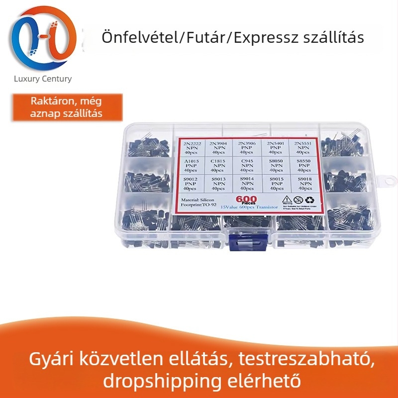 Luxury Century 600 TO-92 tranzisztorok készlet: 15 típus, 40 darab mindegyik, 15 rekeszes dobozban