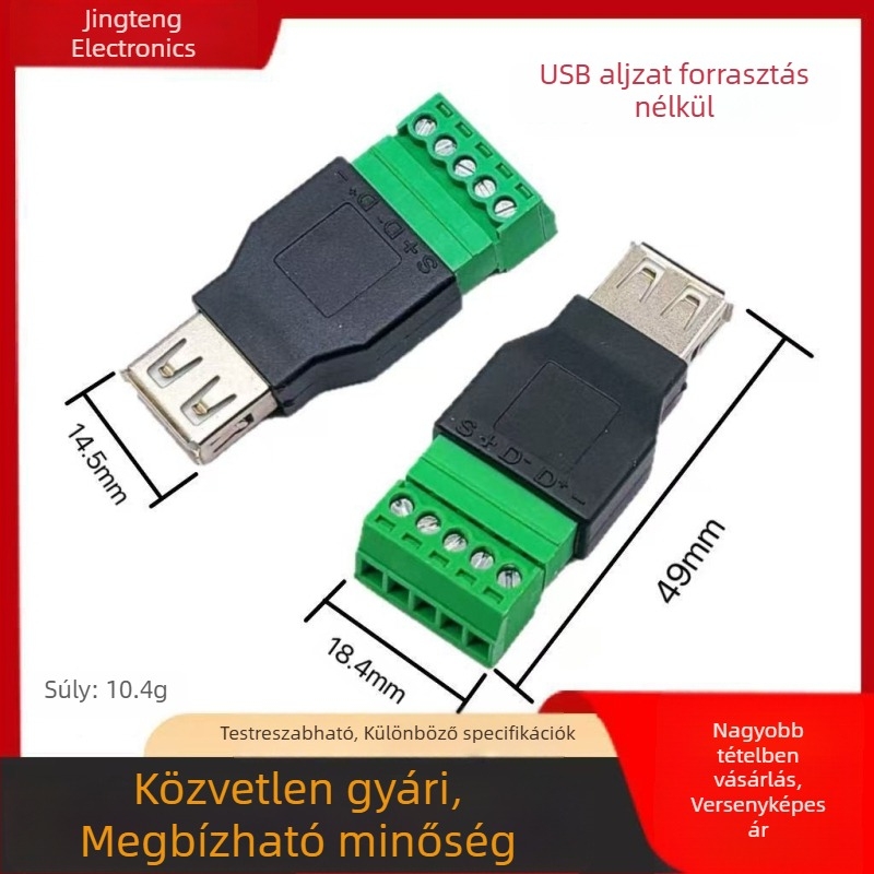 JT1284 Forrasztásmentes USB-A női csatlakozó 5-pontos terminálhoz, zöld terminál