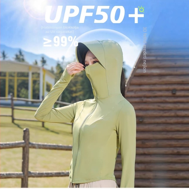 Slim-fit jóga napsugárvédő felső UPF50+ beépített kapucnival és maszkkal, légáteresztő kültéri viselet