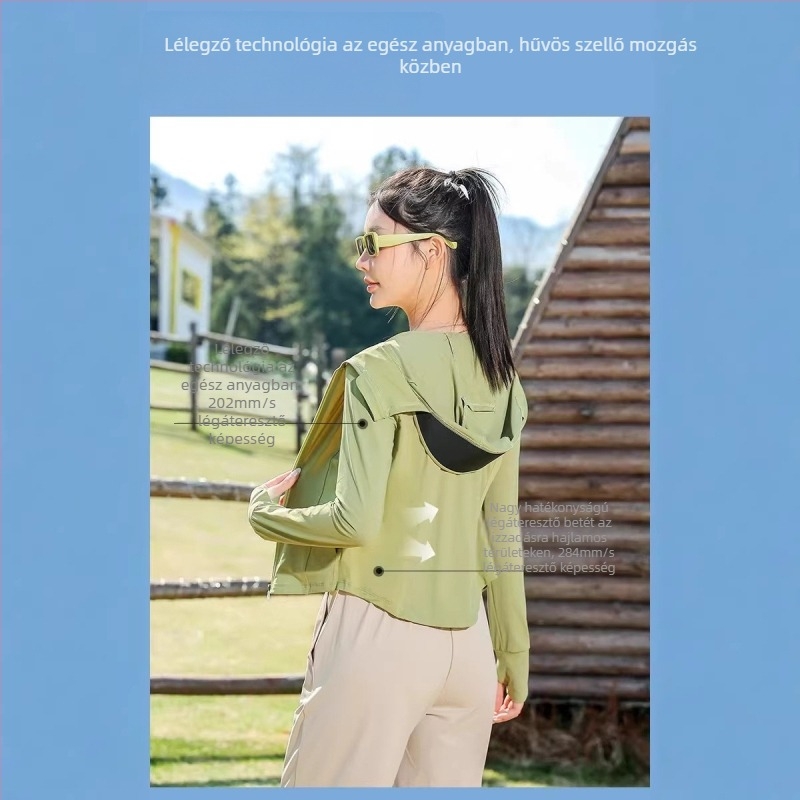 Slim-fit jóga napsugárvédő felső UPF50+ beépített kapucnival és maszkkal, légáteresztő kültéri viselet