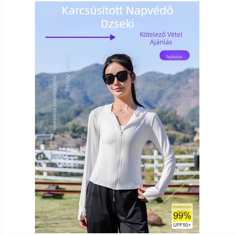 Női vékony kapucnis napsugárvédelmi dzseki, karcsú szabás, tavasz–nyár, jóga ruházat, UPF 50+