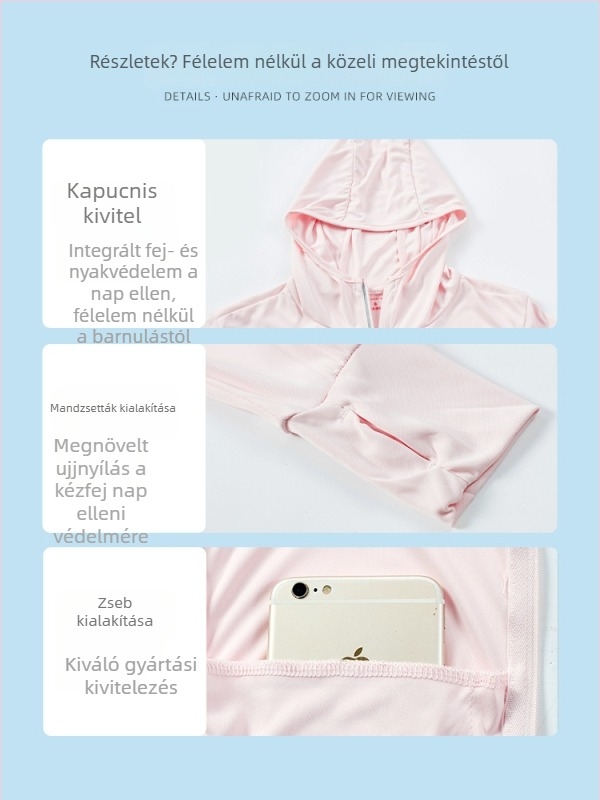 Ice Silk anyagból készült, UV-védelmet nyújtó külső munkaruházat kapucnival, könnyű, lélegző, logónyomással