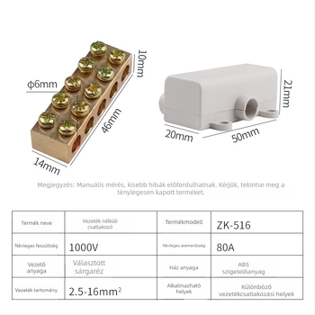 ZK-516 Magas teljesítményű terminálblokk, 1 bemenet, 4 kimenet, 16 mm²-es vezeték elosztó csatlakozó