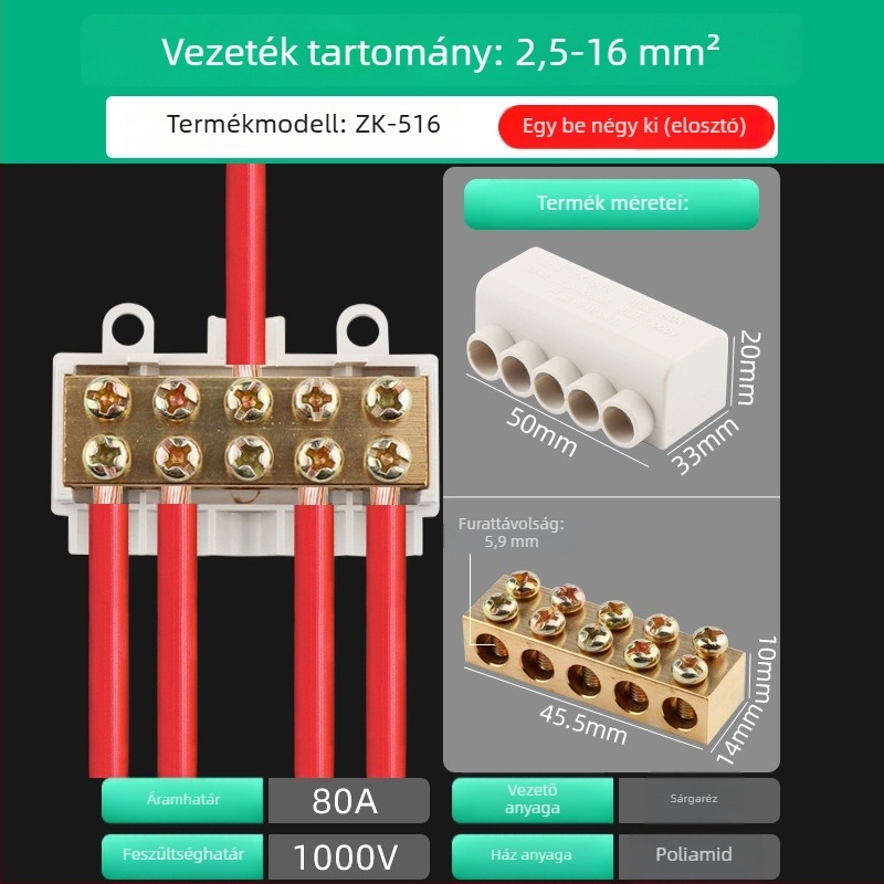 ZK-516 Magas teljesítményű terminálblokk, 1 bemenet, 4 kimenet, 16 mm²-es vezeték elosztó csatlakozó
