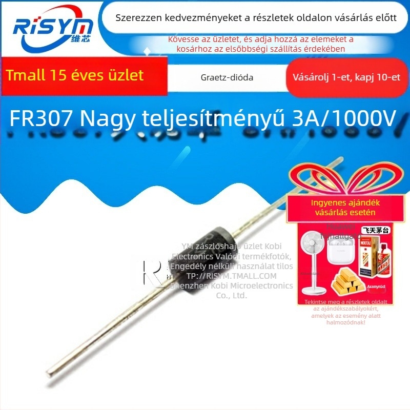 Risym FR307 Gyors helyreállítású egyenirányító dióda, nagy teljesítményű, 3A/1000V, 10 db
