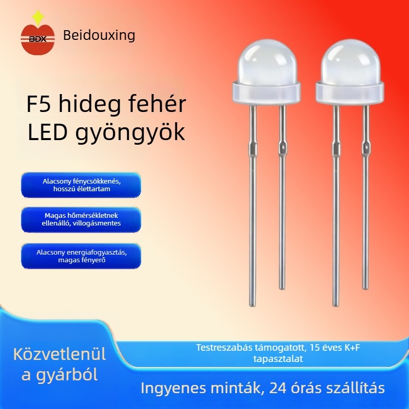 F5 közvetlen csatlakozású LED dióda, szalma kalap alakú, matt él, hideg fehér fény