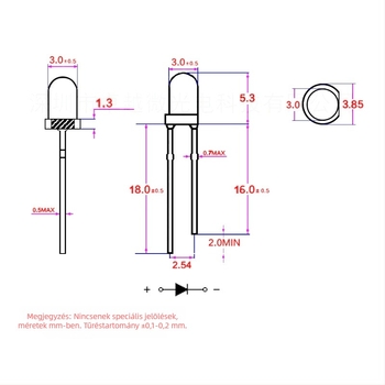 3 mm LED közvetlen csatlakozással, modell F3, színek: piros, kék, lila, smaragdzöld, rózsaszín, narancs, sárga-zöld; hosszú és rövid lábak