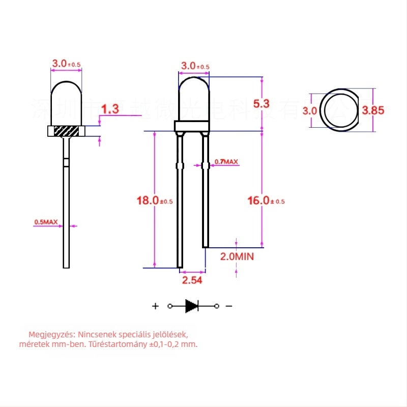 3 mm LED közvetlen csatlakozással, modell F3, színek: piros, kék, lila, smaragdzöld, rózsaszín, narancs, sárga-zöld; hosszú és rövid lábak